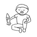 Doodle boy with toy rocket. Hand drawn outline black vector illustration isolated on white background. Funny child Royalty Free Stock Photo