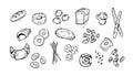 Doodle bread products. Baked flour loaves, toasts and cookies in sketch. Drawn bakeries vector set, food collection