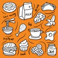 Doodle breakfast and fast food vector icon set Royalty Free Stock Photo