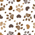 Doodle Brown Paw Prints With Hearts Seamless Fabric Design Pattern Vector