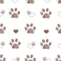 Doodle brown paw prints and hearts vector with white background seamless pattern for fabric Royalty Free Stock Photo