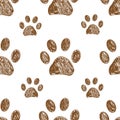 Doodle brown paw prints  vector with white background seamless pattern for fabric Royalty Free Stock Photo