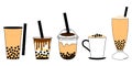 Doodle bubble tea, pearl milk tea or boba tea set isolated on white background with plastic cups, glass cup and mug.