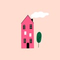 Doodle building. Cute small house and garden. Vector flat apartments. Royalty Free Stock Photo