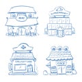 Doodle building facade of shop, bar, cafe, mall, pharmacy. Hand drawn vector illustration