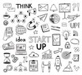 Doodle business collection. Sketch marketing icons, hand drawn startup idea symbols. Isolated creative charts, money
