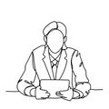 Doodle Business Man Sitting At Desk Read Document Or Use Digital Tablet Hand Drawn Businessman