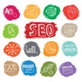 Doodle business seo icons set on colored spot