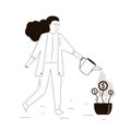 Doodle business woman watering money tree. Female employee investing and saving cash. Money deposit. Concept of