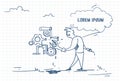 Doodle Businessman With Spanner Manager Adjusts Mechanism. Support Service Concept