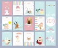 Doodle calendar set 2019 with Santa Claus,unicorn,tiger,monkey,star,cactus,bear,reindeer,rabbit for children.Can be used for