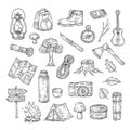 Doodle camping. Hiking camp natural wood scout outdoor summer adventure sketch outline vector icons