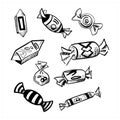 Doodle candies set. Hand drawn vector illustrations of candy canes, sweetmeats, sweets and sweet-stuff. Black drawing