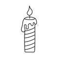 Doodle candle. Burning hand drawn candle with wax. Vector linear illustration