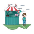 Doodle carnival shop and cute boy with balloon