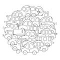 Doodle cars circle shape coloring page. Hand drawn mandala with vehicles background