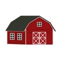 Doodle cartoon alone red wooden barn house, gray roof, windows and doors with crossed white boards. Vector Outline isolated hand