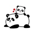 Doodle cartoon of a big and small Panda bears or father and child, baby Panda climbing on its father, isolated image on white