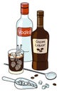 Doodle cartoon Black Russian cocktail and ingredients composition. Bottles of vodka, coffee liqueur and ice scoop. For