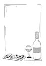 Doodle cartoon black and white vector illustration. A still life or set with bottle and glass of wine, Italian bread