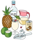 Doodle cartoon Caribbean Pina and ingredients composition. A bottle of white rum, fresh pineapple and coconuts, coconut
