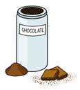 Doodle cartoon cocoa chocolate powder coffee dressing in a metallic jar. For menu, farmers market design, cookbook