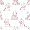 Doodle cartoon cows seamless pattern. Vector background. Royalty Free Stock Photo