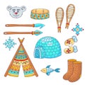 Doodle cartoon eskimo antarctica north pole icons vector set