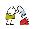 Doodle cartoon firefighter at the crash site extinguishes the fire, pours water from a bucket. Vector illustration of brave