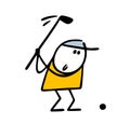 Doodle cartoon golfer swings a club and hits the ball on the field. Vector illustration of stick fihure player gambling