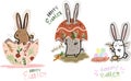 Doodle Cartoon of Happy Easter Cute Funny Rabbit with Decorative Colorfull Eggs and Carrot Cake Icon Logo Avatar