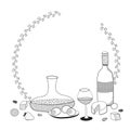 Doodle cartoon hipster style black and white vector illustration. A still life ring frame with wine glass, decanter Royalty Free Stock Photo