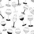 Doodle cartoon hipster style black and white vector seamless pattern illustration. Variety of wine glasses. Bar Royalty Free Stock Photo