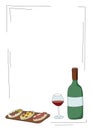 Doodle cartoon hipster style colored vector illustration. A still life or set with bottle and glass of wine, Italian bread. Bar
