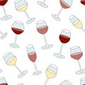 Doodle cartoon hipster style colored vector seamless pattern illustration. Variety of red pink rose white wine glasses. Bar Royalty Free Stock Photo