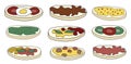 Doodle cartoon hipster style vector illustration. A set of bruschetta tapas canape appetizers with vegetables, sauce