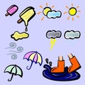 Doodle Cartoon of Ice Cream Popsicle Various Weather and Boots on Water Puddle Icon Logo Avatar