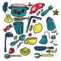 Doodle cartoon kitchen elements big set Royalty Free Stock Photo