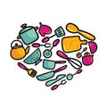 Doodle cartoon kitchen elements heart shaped composition Royalty Free Stock Photo