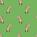 Cartoon linear doodle retro happy worm crawling out of a hole seamless pattern.