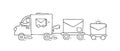 Doodle cartoon miniature scene with delivery truck and postman.