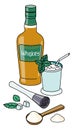 Doodle cartoon Mint Julep cocktail and ingredients composition. A bottle of Whiskey, mint leaves, sugar and muddler. For