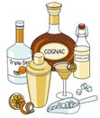 Doodle cartoon Sidecar cocktail and ingredients composition. Bottles of cognac and triple sec liquor, lemon juice, ice