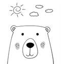Doodle cartoon sketch bear with sun and clouds illustration. Teddy bear vector. Sky background. Wild animal. Postcard, poster