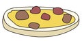 Doodle cartoon bruschetta snack with butter and meatballs. Bar restaurant menu ads, card, farmers market food decor