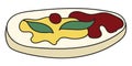 Doodle cartoon style bruschetta snack with pate ketchup and mustard. Bar restaurant menu ads, card, farmers market food