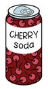 Doodle cartoon style cherry soda in a can. Traditional refreshing soft or alcohol drink, cocktail ingredient. For card