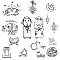 Doodle cartoon themed eid mubarak, the great day of moslem, line art vector illustration