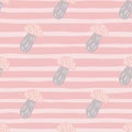Doodle cartoon vegie seamless pattern with mushroom ornament. Pink striped background