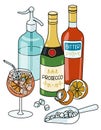 Doodle cartoon Venetian Spritz cocktail and ingredients composition. Bottles of Italian red bitter and prosecco, soda